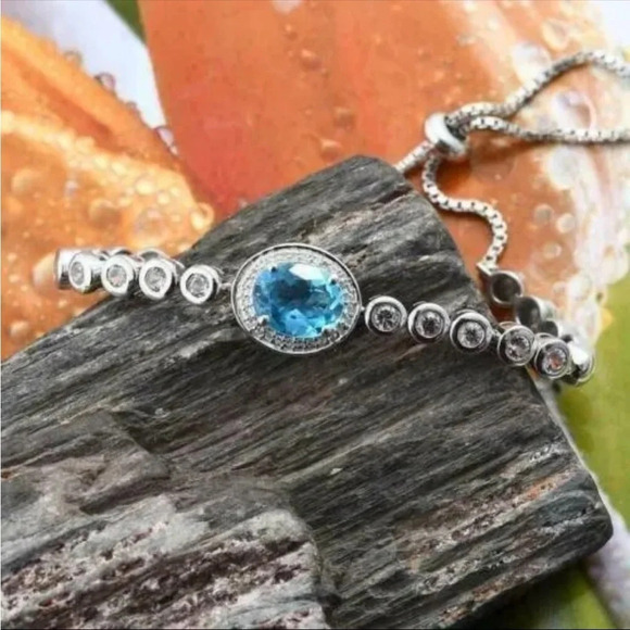 Swiss Blue Topaz / White Topaz Sterling Silver Bolo Bracelet - Picture 6 of 9